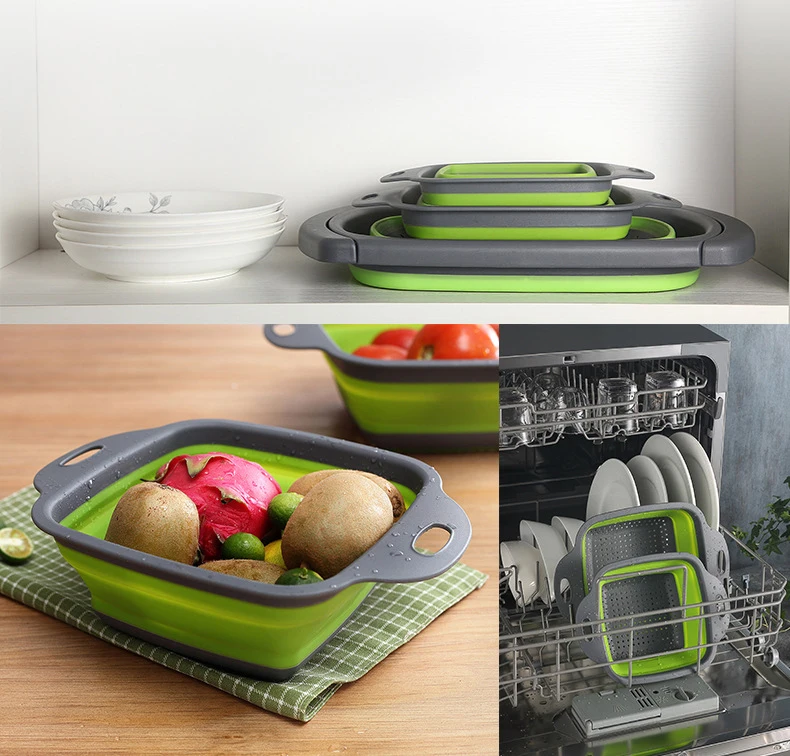 2pcs/set Foldable Silicone Colander Fruit Vegetable Washing Basket Strainer Collapsible Drainer With Handle Kitchen Tool