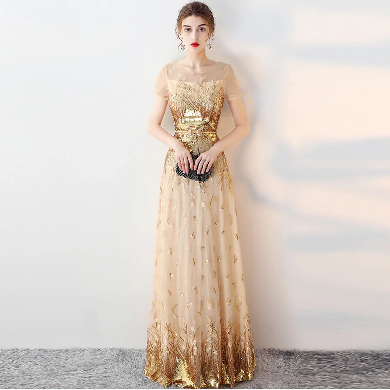 

2020 Luxury Gold Leaf Sequins Mesh O Neck Short Sleeve A-line Long Formal Dress Women Elegant Sexy Dresses Party Night Club Wear