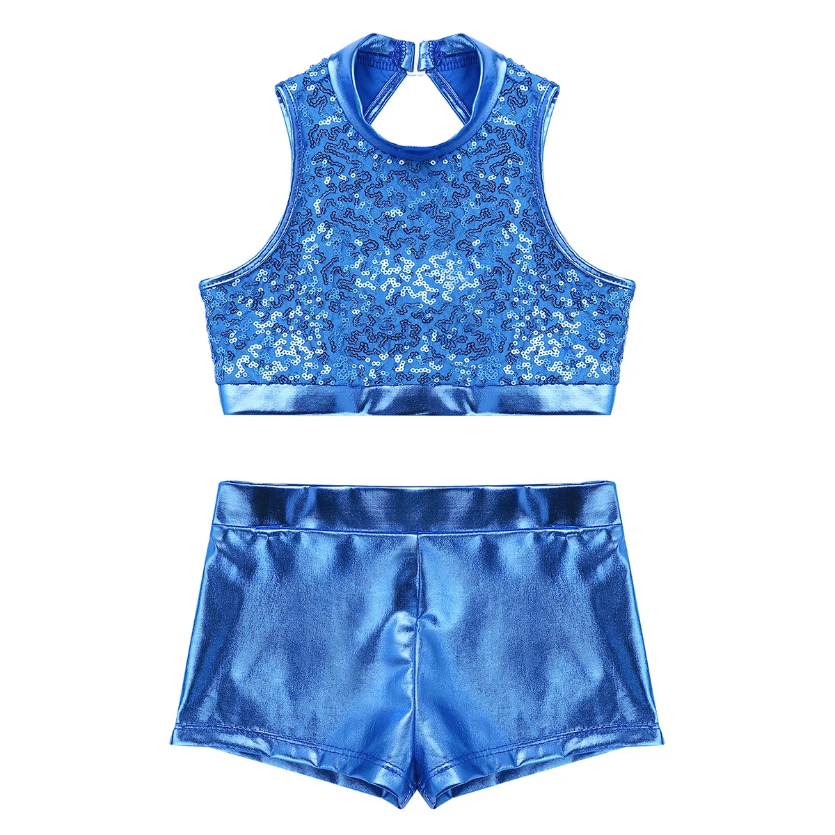 FEOYA Kids Shiny Metallic Dance Outfits Sleeveless Crop Top with Skirt Jazz Hip Hop Latin Dance Wear Sparkling Performance Clothing Set for 4-13 Years, Rose Red