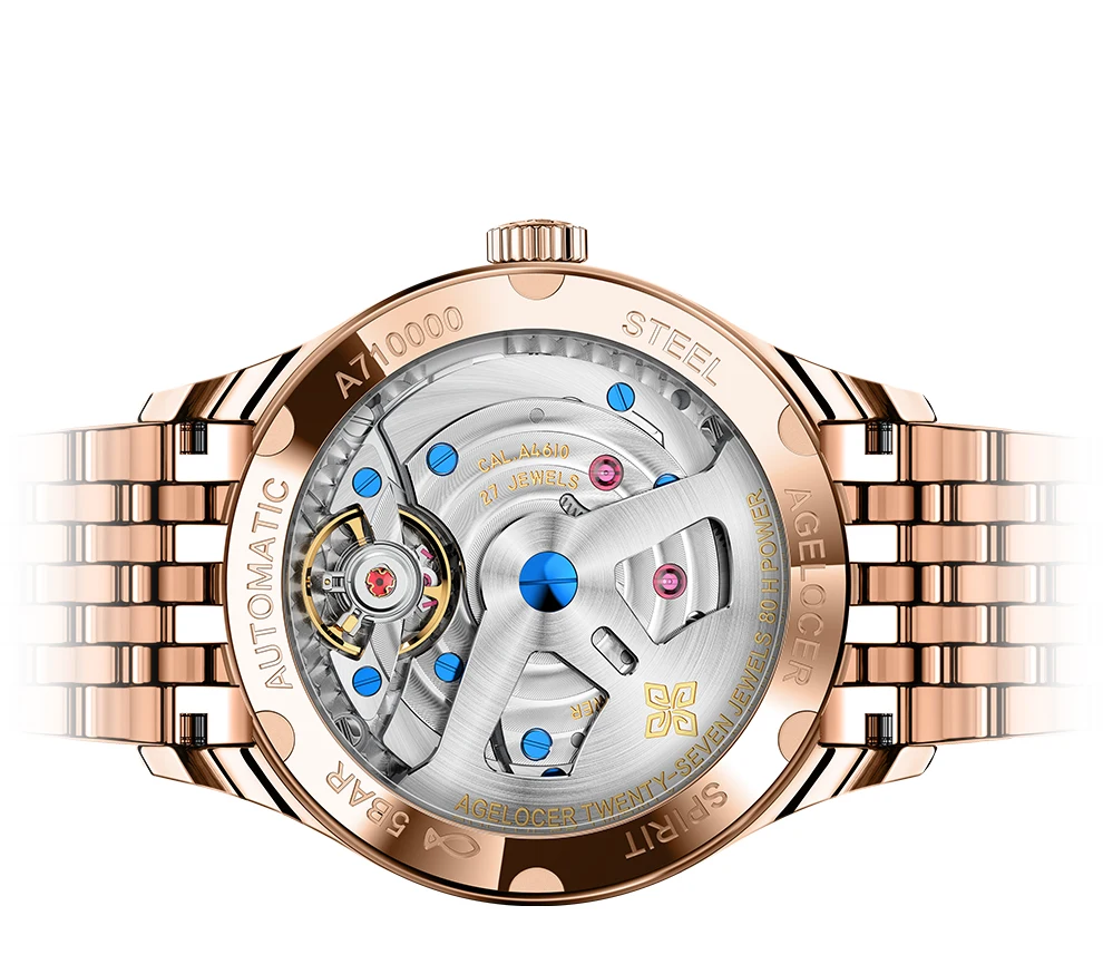 Agelocer Luxury Dress Watch Mechanical Automatic Watch Brands With Date Gold Rose Power Reserve Waterproof Wrist Watch 7073D9