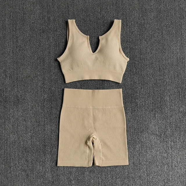 2/4/6PCS Seamless Women Yoga Set Workout Sportswear Fitness Bra Sport Pants Gym Clothing High Waist Leggings Shorts Sports Suits VBraShortsBeige