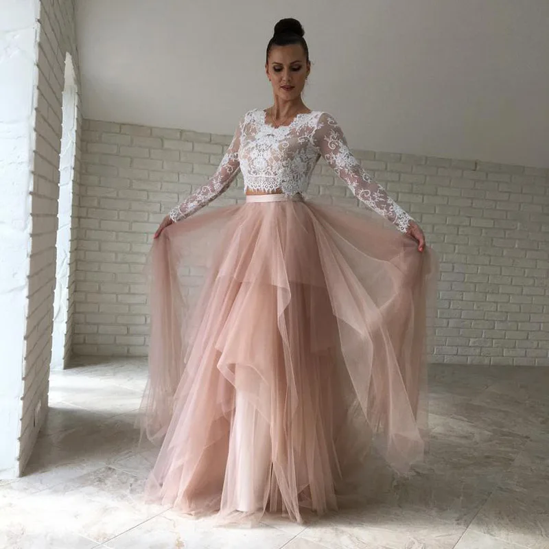 

2 Pieces Chic Bridal Dresses Blouse + Skirt Puffy Tulle Lace Long Wedding Gowns Tutu Custom Made robe de mariee
