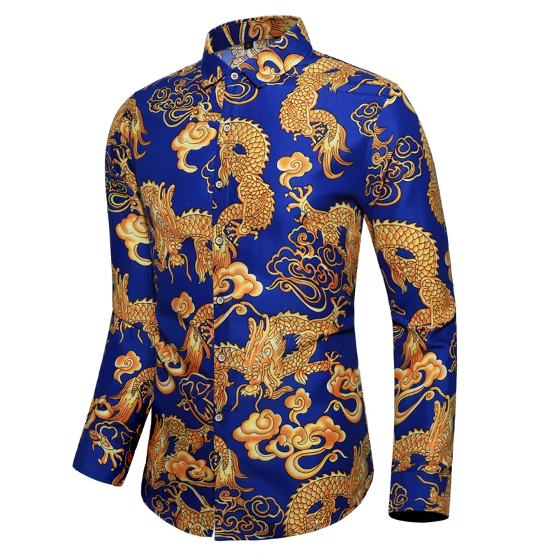 Осенняя мода китайский стиль Мужские рубашки с длинным рукавом с принтом, большие размеры 7xl вышивка в виде дракона; Повседневная рубашка для мужчин - Цвет: Синий