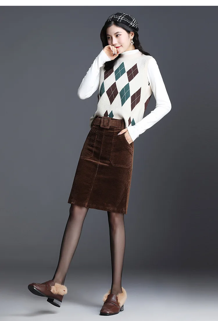 Lxunyi Women Corduroy Skirt Autumn Winter Office Ladies Formal Work Pencil Skirts with Belt Vintage Cotton Skirt Large Size