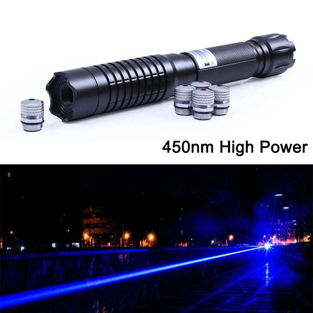 High Power Military 450nm Blue Laser Pointer Lazer Pen Visible Beam Light+5 Caps 