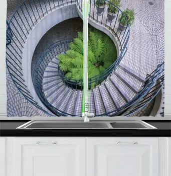 

Architecture Kitchen Curtains Overview Scene of a Large Fern Growing at The Base of a Spiral Staircase for Kitchen Cafe Decor