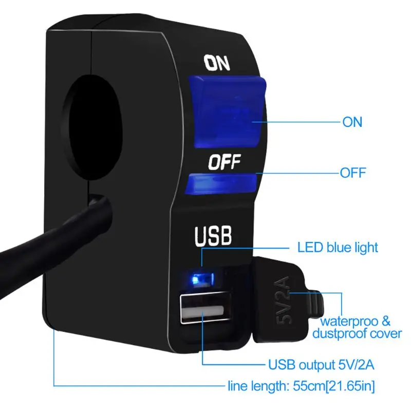 Универсальный 12 В Мотоцикл Руль USB зарядное устройство адаптер питания с мотоцикл светодиодный светильник переключатель для мобильного телефона планшета gps
