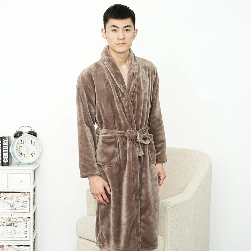 Night Robe Sleepwear Bathrobe Women Robes Thick Plus-sized Korean-style Long Sleeve Open Front Lace-up Men And Women Pajamas - Цвет: Brown