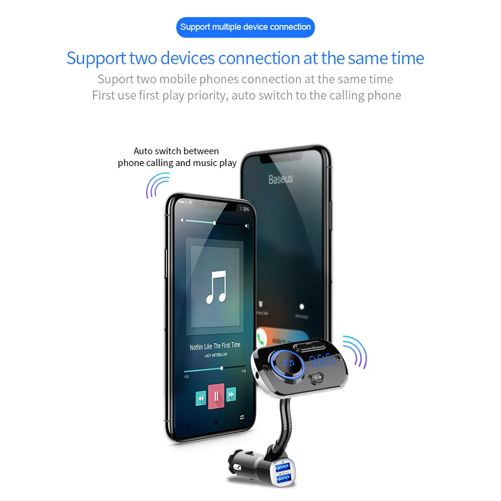 Bluetooth fm-передатчик для громкой связи, автомобильный комплект, беспроводной MP3-плеер 5V1A, USB Автомобильное зарядное устройство, поддержка 2 телефонов, подключение, TF карта