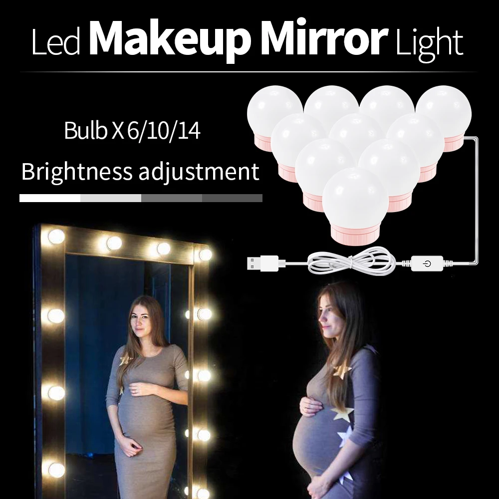 

LED Makeup Mirror Light Bulb 6 10 14 Bulbs Kit Touch Dimmable Led Dressing Table Cosmetic Lamp USB Hollywood Vanity Mirror Light