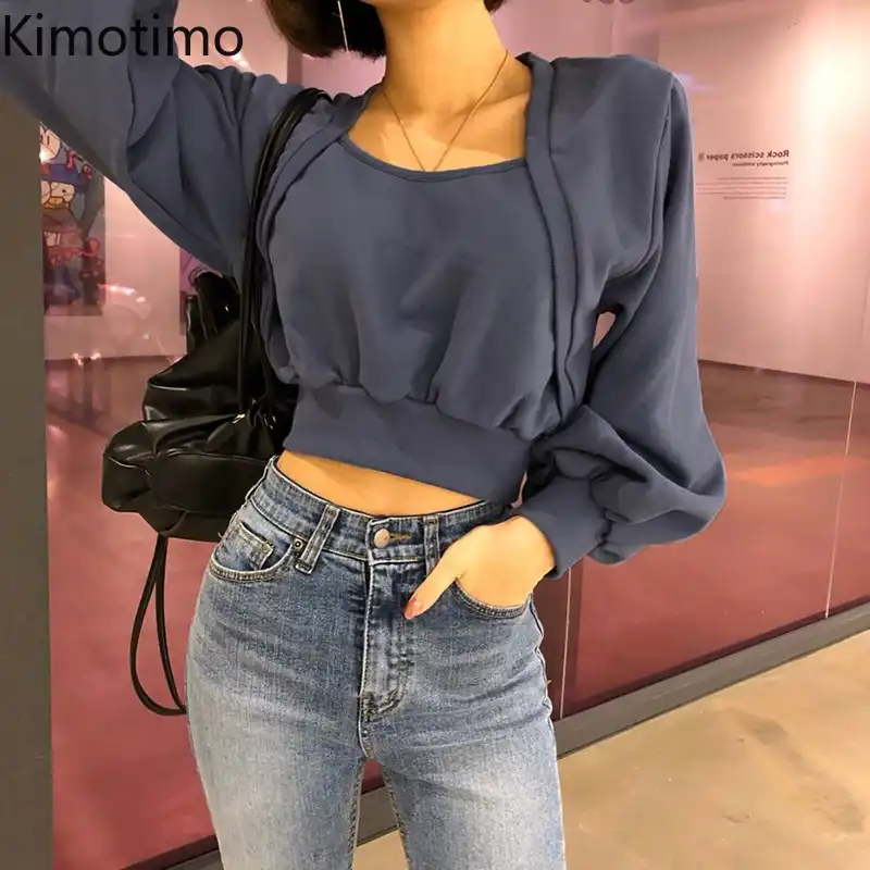 Kimotimo丈トレーナーレディースロングスリーブスクエア襟固体プルオーバーハイストリートセクシーな女性パーカースウェット パーカー スウェット Aliexpress