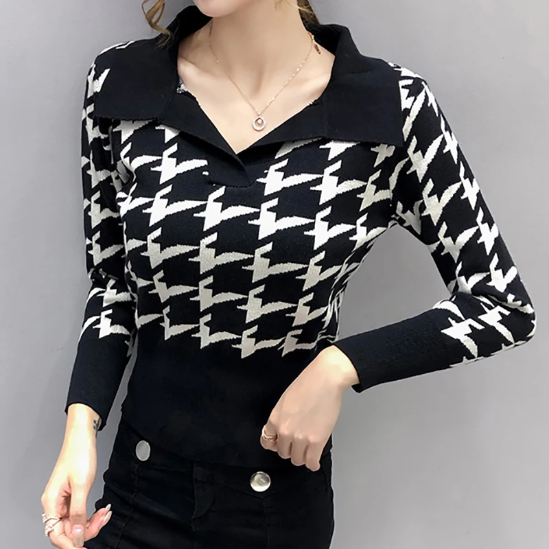 

Shintimes Sexy Short Knitted Sweater Female Plaid Sweaters Women 2020 Autumn Turn-Down Collar Tops Pullovers Woman Clothes Pull