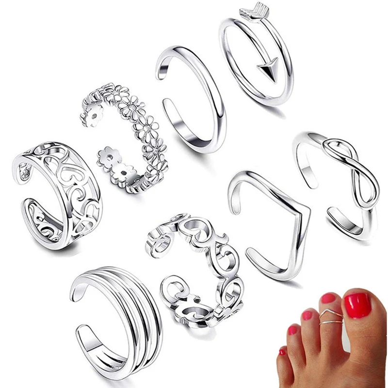 8Pcs Summer Beach Vacation Knuckle Foot Ring Open Toe Rings Set for Women Girls Finger Heart Ring Adjustable Jewellery