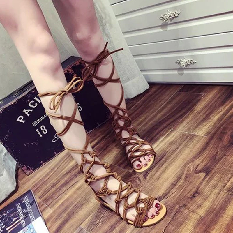 Bohemia Style Summer Flats Sandals Gladiator Cross Strap Sexy Knee High Woman Boots Flat Casual Beach Sandals For Women
