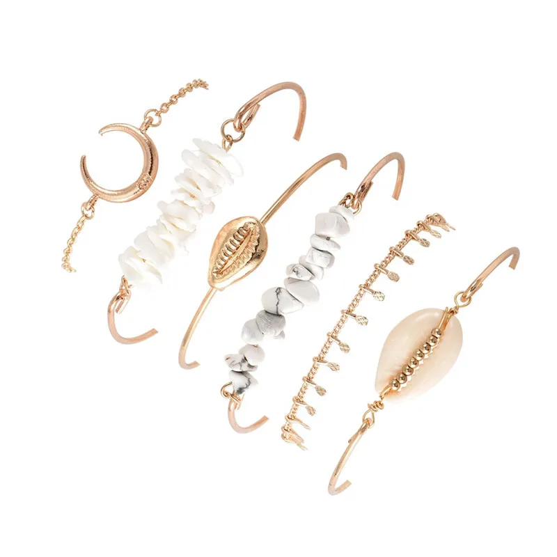 

ALYXUY Bohemian Shell Moon Stone Bracelet Set 2019 Retro Geometric Tassel Statement Bracelet Female Glamour Fashion Jewelry Gift