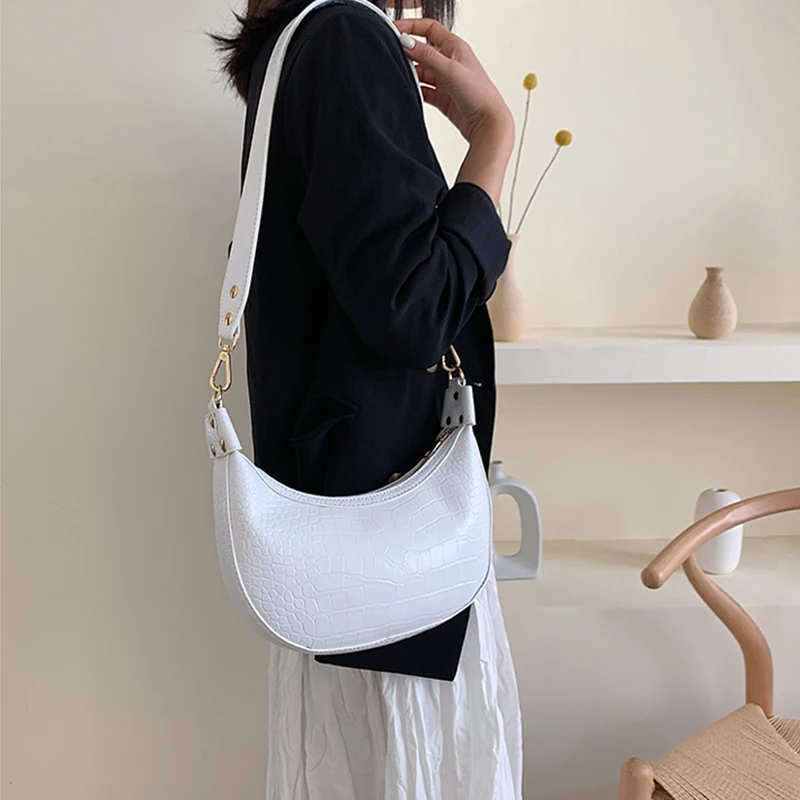 Classic Alligator Hobos Bag For Women Casual Pu Leather Shoulder Bags Ladies Fashion Soild Color Half Moon Bag Simple
