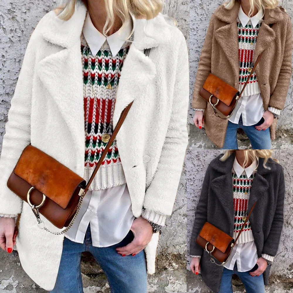 

Winter Warm Faux fur soft suede Basic Coats and Jackets Women Casual Lapel Collar Long Sleeve Fluffy Overcoat