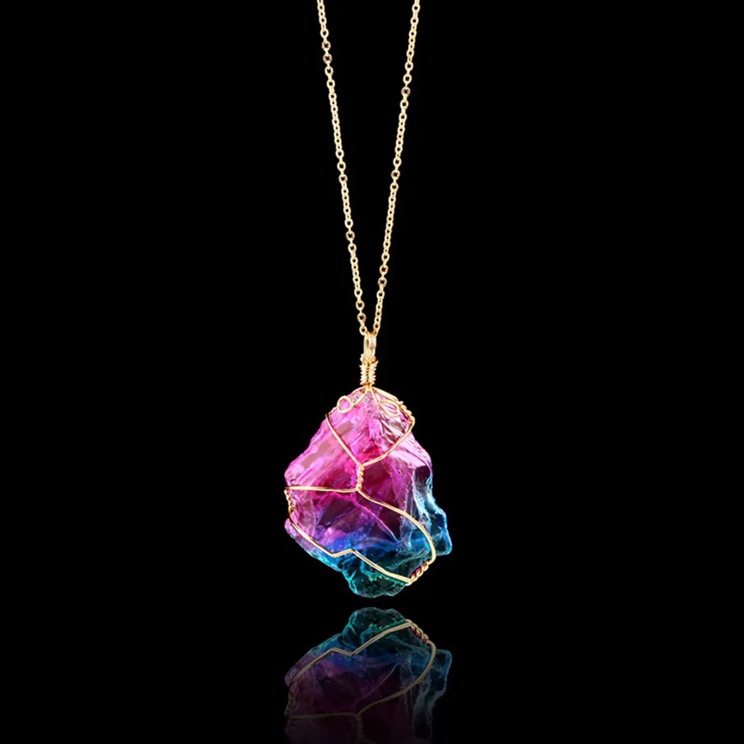 Rainbow Natural Stone Pendant Necklace Vintage Crystal Chakra Rock Quartz Gold Chain Long Necklace For Women Exquisite Jewelry