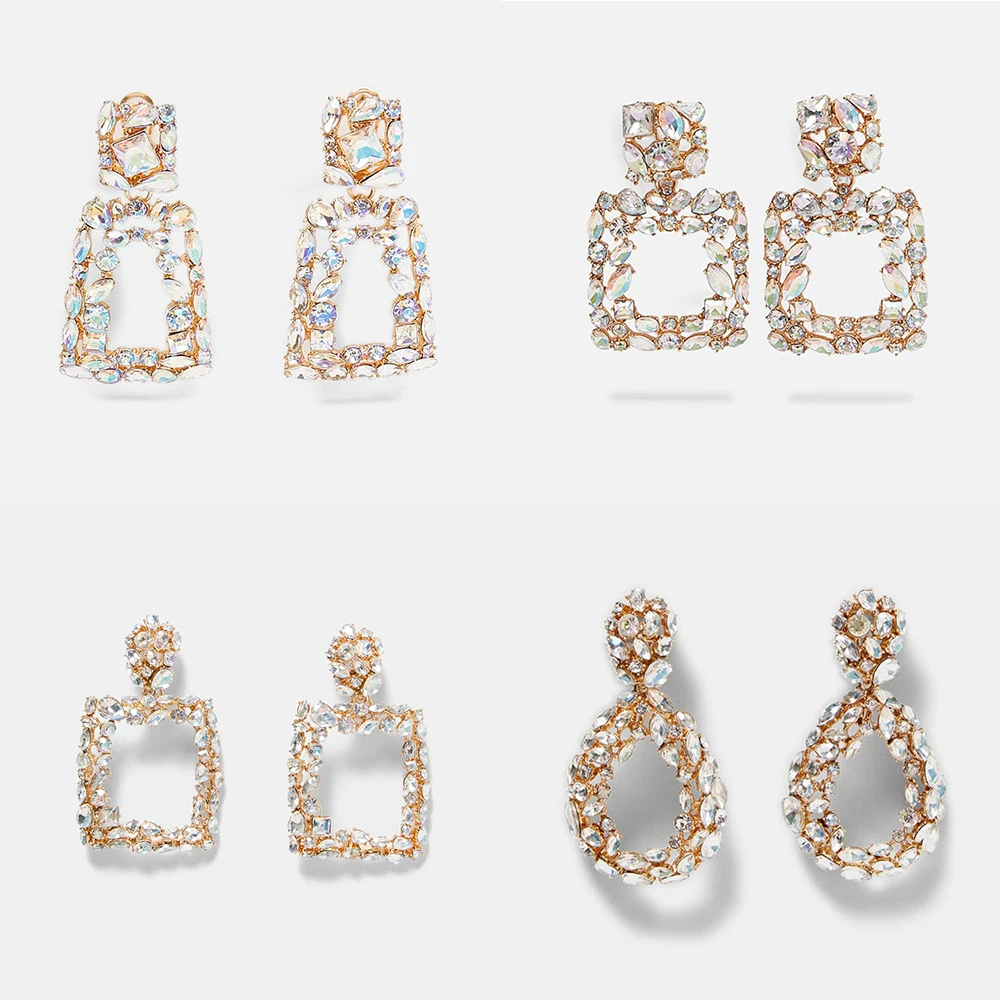 

2019 Classic ZA New Crystal Glass Charm Earrings Ladies Party Bohemian Square Declaration Earrings Girls Gifts Vintage Jewelry