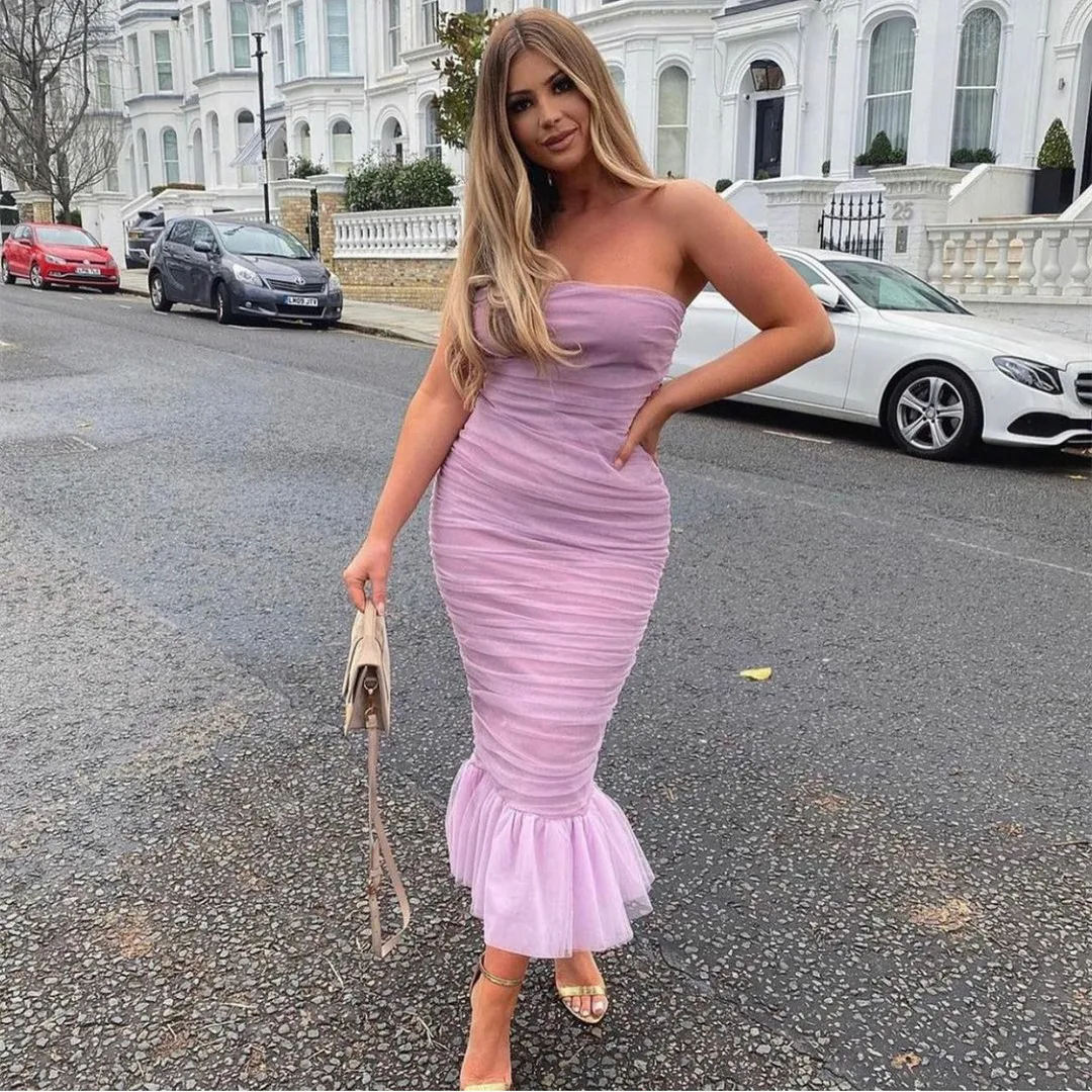 

Long Tulle Mermaid Pink Muslim Evening Dresses Strapless Ankle Length Ruffled Corset Back Abendkleid Robes de Soirée for Women