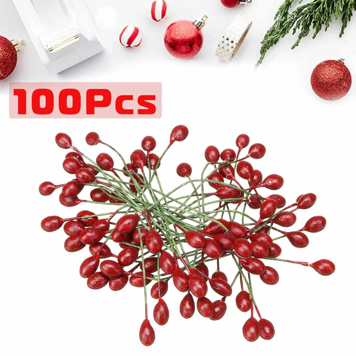 100Pcs 8mm Christmas Artificial Red Holly Berry Berries Home Garland Decoration Lifelike Appearance Holiday Event Decorations