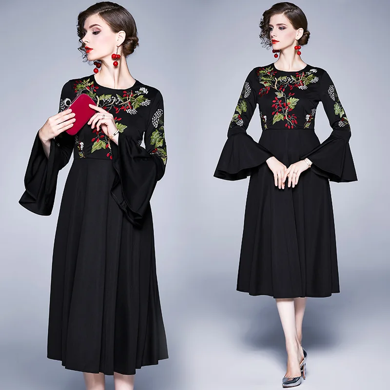 

New Products WOMEN'S Dress 2019 Autumn & Winter Europe And America WOMEN'S Dress Industrial Embroidery Flower Large Bell Sleeve