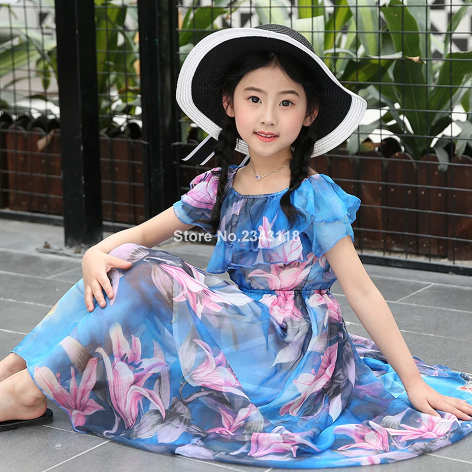 

Summer Girl Dress Beach Floral Long Children's Dress Holiday Beach Dress Kids Teenage Girls Clothes For 5 6 8 10 12 13 Years