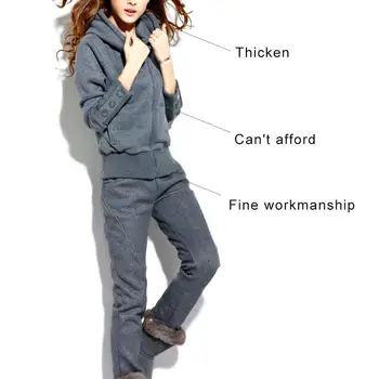 

2Pcs Women Solid Color Fleece Lining Buttons Cuff Hoodie Coat Long Pants Outfit