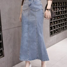 Длинная джинсовая юбка для женщин Русалка труба юбка до щиколотки высокая талия джинсовые юбки