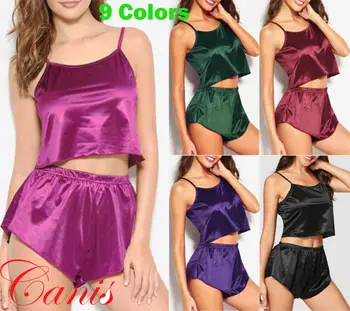 

Women's Sleepwear Soft Satin Pajama Sets Solid Color Slash Neck Sleeveless Cute Cami Top and Shorts Sets Summer Lady Nightwear