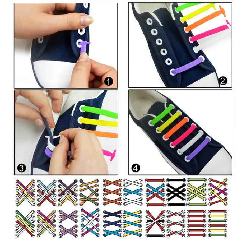 16pcs/lot Silicone Shoelaces No Tie Shoelaces 12 colors Elastic Lace Shoelace Creative Lazy Silicone Laces Rubber Lace