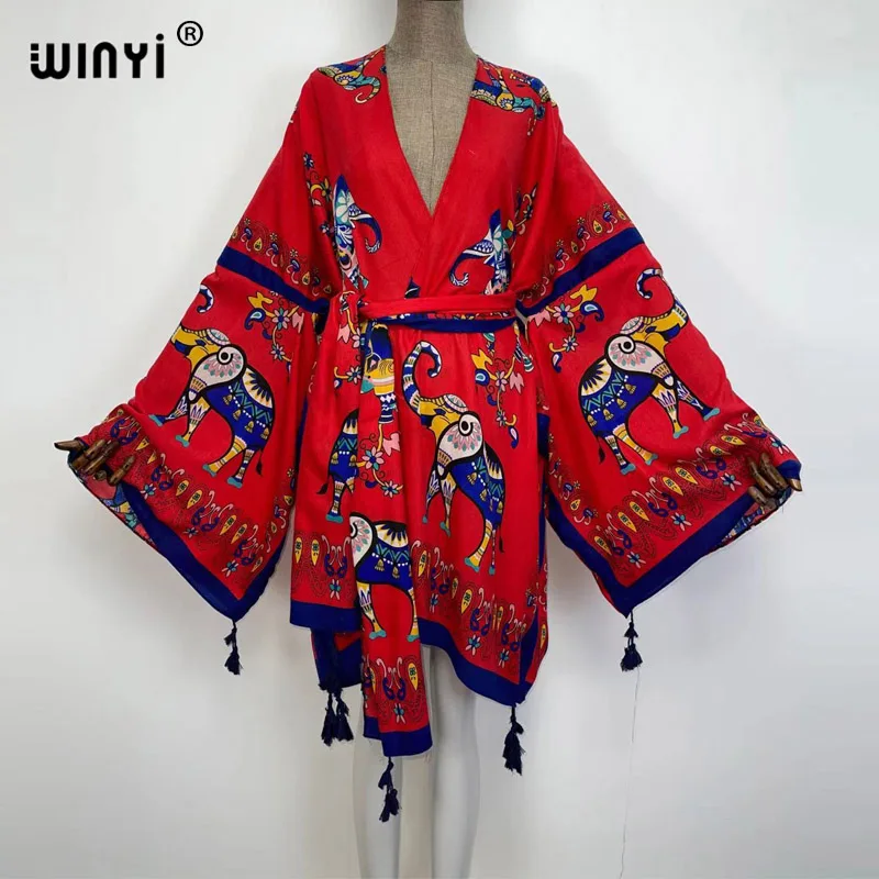 2021 WINYI new Cotton Bikini Sweet Lady Pink Boho Print Self Belted Front Open Long Kimono Dress Beach Tunic Women Wrap Dresses bathing suit with matching cover up Cover-Ups