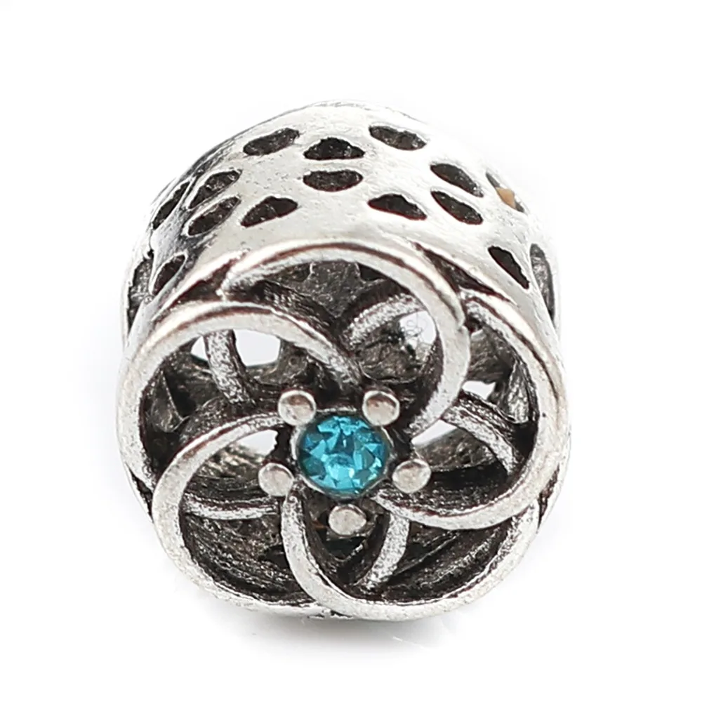 

Doreen Box Zinc Alloy European Style Large Hole Charm Beads Hollow Cylinder Antique Silver Flower Rhinestone 11mm( 3/8") 5 PCs