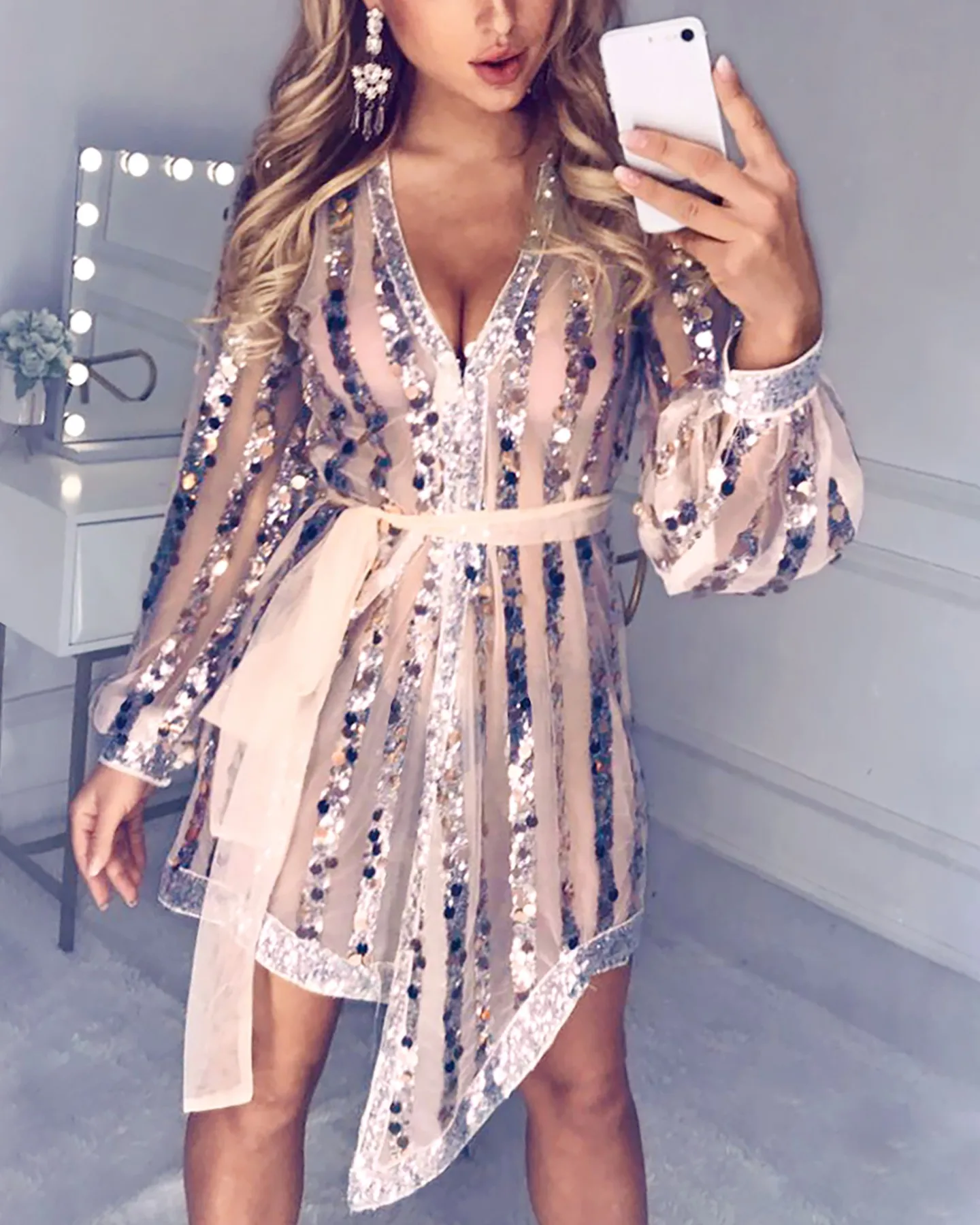Glitter Plunge Sequins Sheer Mesh 