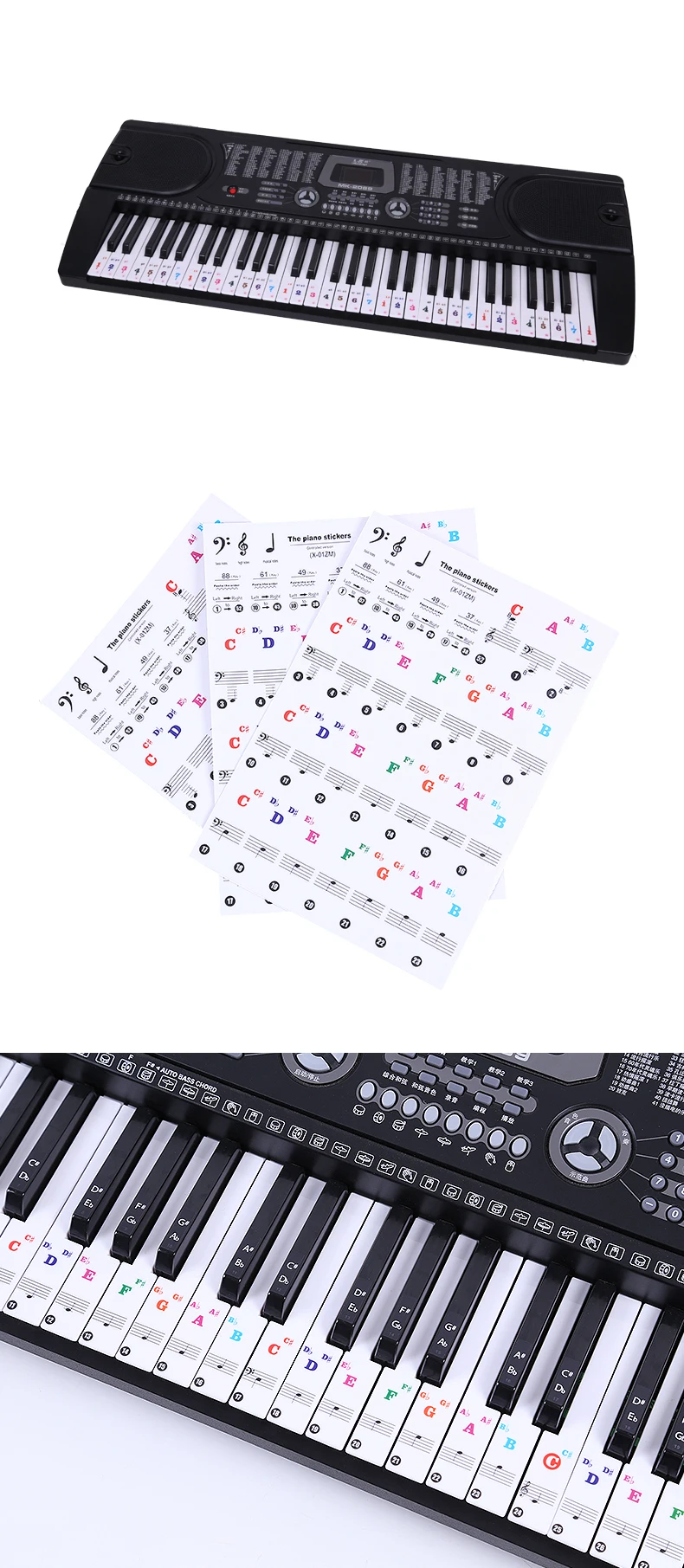 Color piano stickers 49/54/61/88 Keys Without leaving glue Not to hurt the piano Beginner piano Learn musical notes