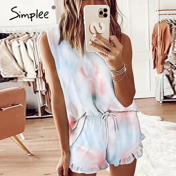 

Simplee Casual womens tie-dye set sleepwear loose sportswear household clothing summer sleeveless ladies ruffle suits 2020