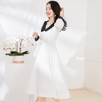 

2020 New Women Clothes French Romantic Dress Contrast Peter Pan Collar Ladies Dresses Robe Midi Woman Dress White Clothes