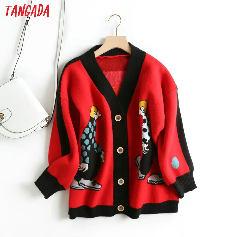 Cena Tangada kobiety cute cartoon sweter sweter z długim rękawem przyciski kobiece grube swetry z dzianiny podstawowe czerwona czarna szara topy BC21