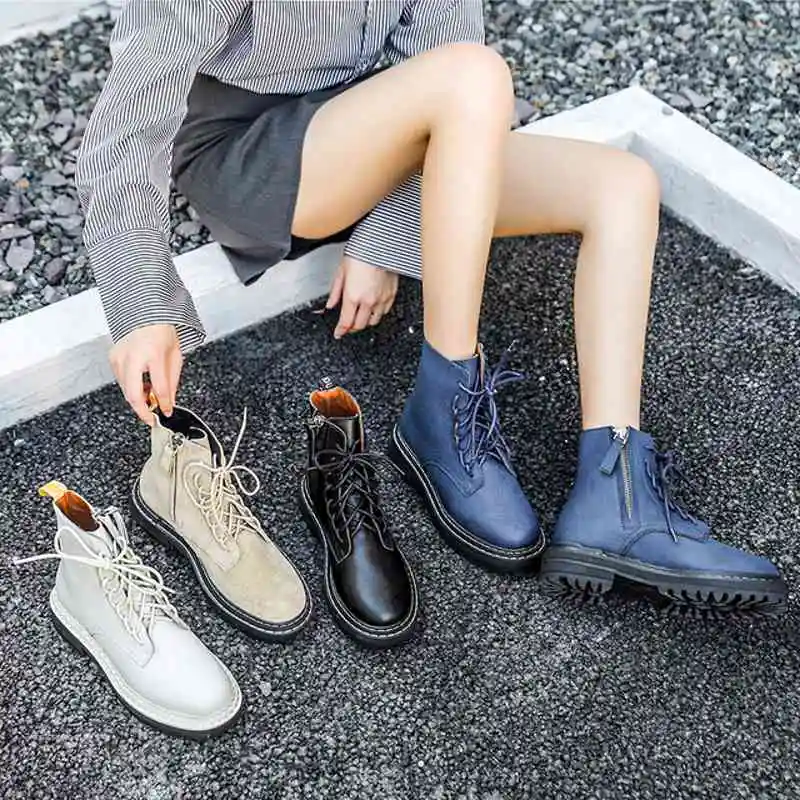 Лидер продаж женские ботинки байкерские на плоской подошве со шнуровкой