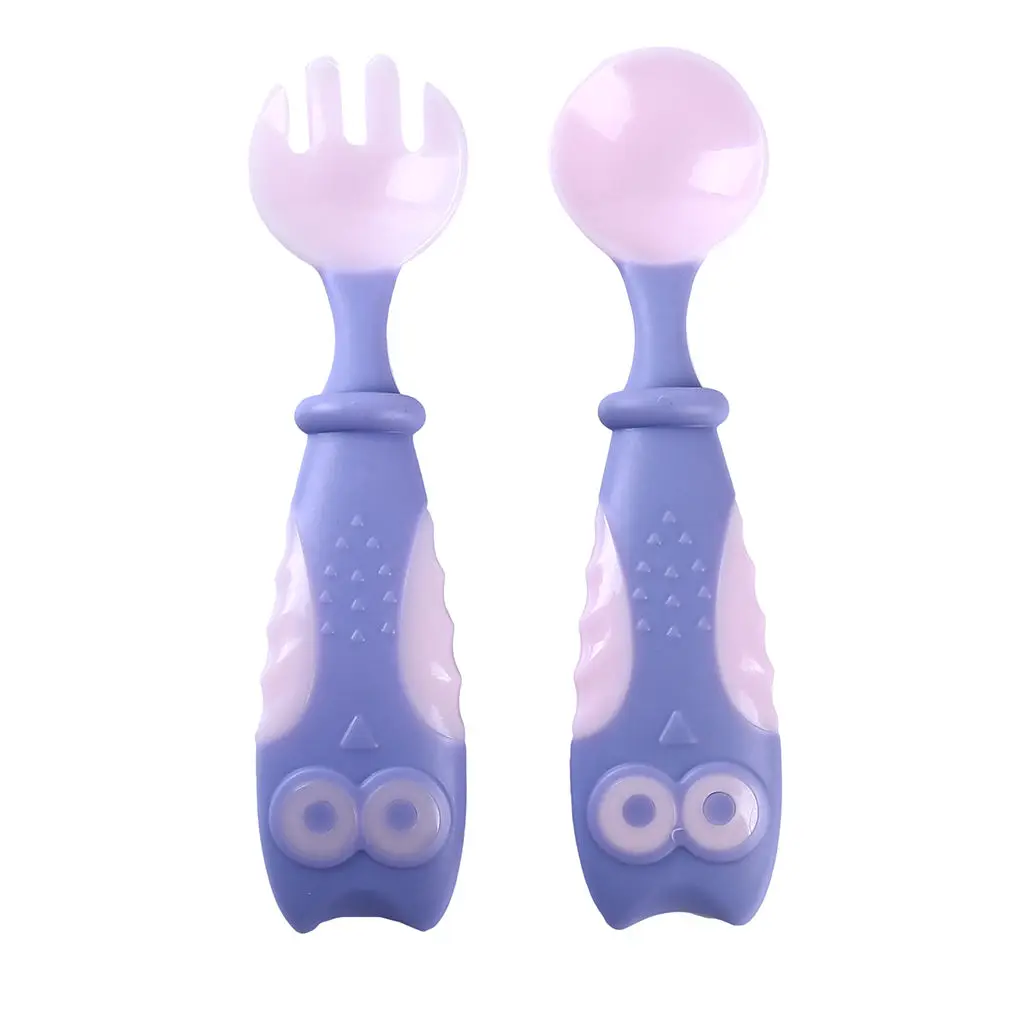 Purple pink 2 шт./набор, детская пластиковая ложка Bebe, обучающая ложка для кормления, посуда с рисунком совы для малышей, портативная обучающая ложка для еды, набор вилок - Цвет: Purple pink