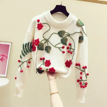 

Flowers Embroidery Pullovers Female Sweaters New Autumn Winter Loose O Neck Long Sleeve Women Knitted Tops Casual