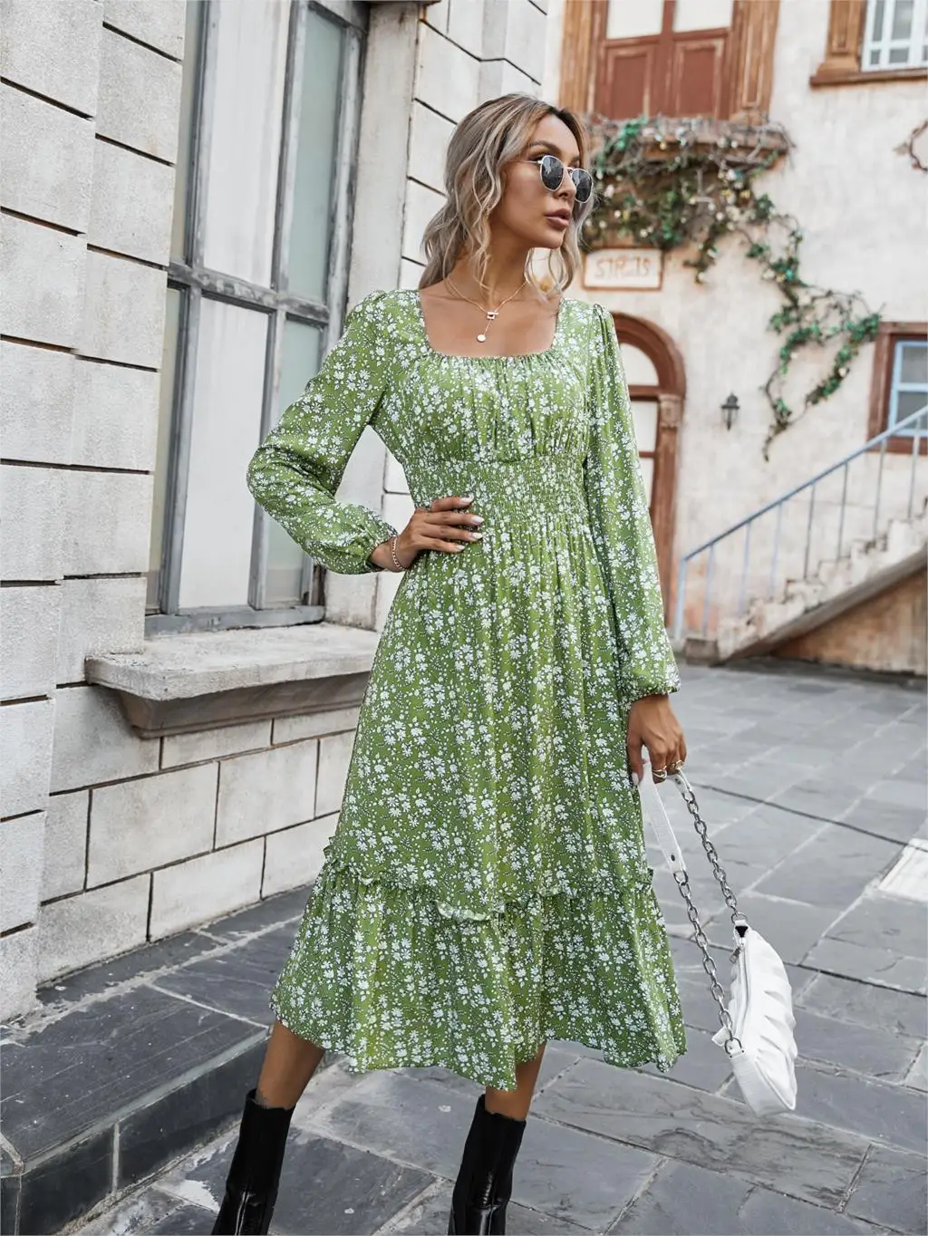 Chifirena Elegant Party Mid-Length Vintage Autumn Dress Women Square Collar Floral Print Ruffles Casual Dresses Minie Vestidos