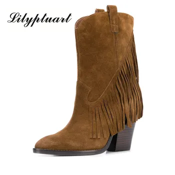 

2020 new European and American style cow suede short boots round head tassel thick high heel retro ankle boots women