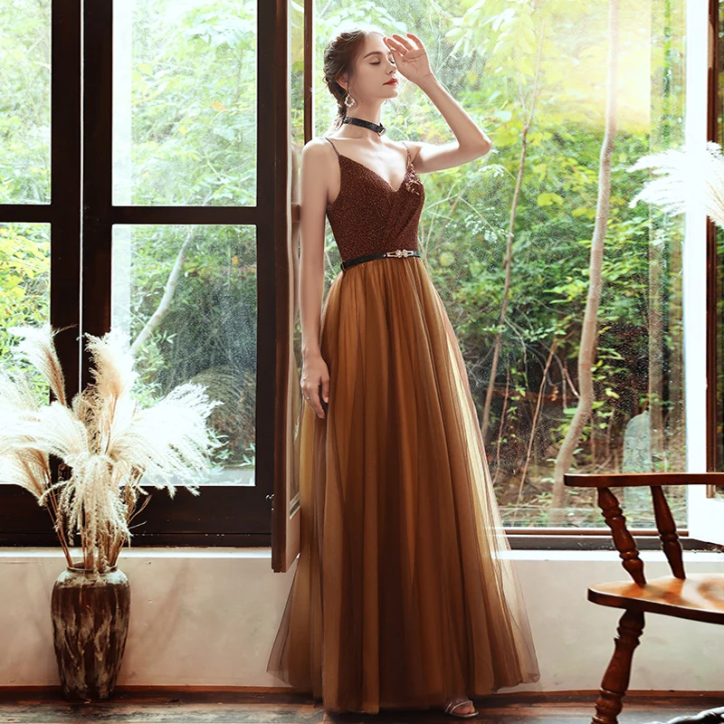 SSYFashion, новинка, простое кофейное вечернее платье, сексуальное, v-образный вырез, на бретельках, длина до пола, длинное, для выпускного вечера, официальное платье, Robe De Soiree