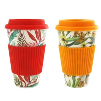 

2x Mugs Reusable Bamboo Fiber Coffee Mugs Insulation Travel Mug 430ML Drink Cup Red & Orange