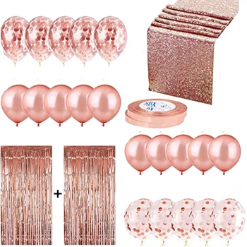 

16/28Pcs Party Birthday Decorations Set Latex Confetti Balloons Table Foil Curtain Ribbon Birthday Party Wedding - Rose Gold