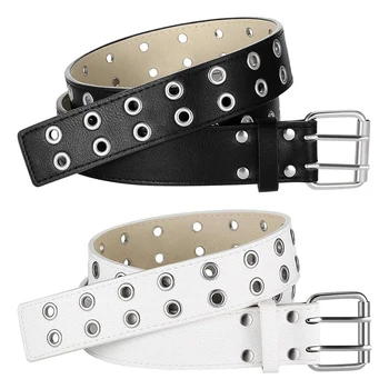 

Men's and Women's Double Grommet Belt Punk Inlaid Eyelet Fashion Belt 2 Pieces