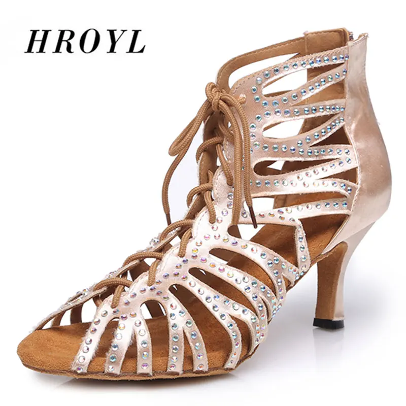 HROYL/женская танцевальная обувь для латинских танцев; женские танцевальные сандалии для танго; Сальса; Самба; атлас+ стразы; вечерние туфли на каблуке 6-10 см