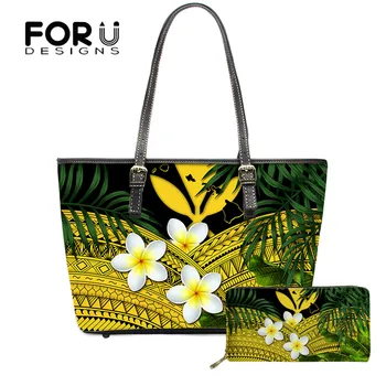 

FOURDESIGNS 2pcs Brand Designer Fashion Women Handbag And Purse Hawaii Plumeria Polynesian Tribe 3D Print Ladies Sac A Main 2020