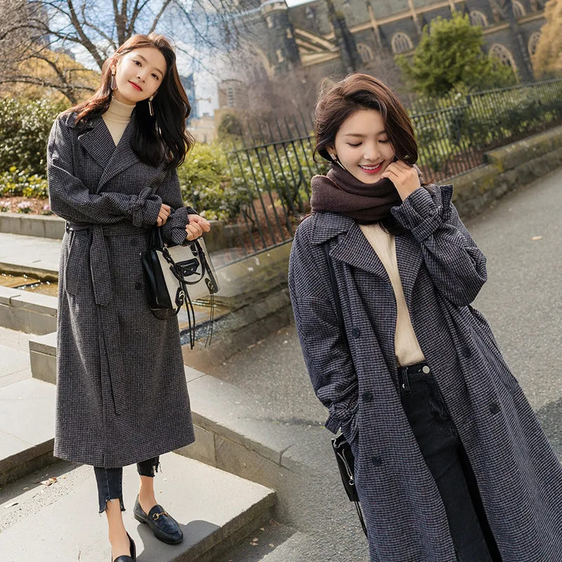 

Fall And Winter Clothes Waist Hugging Woolen Coat Women's over-the-Knee Mid-length Students Korean-style Loose Thick over-the-Kn